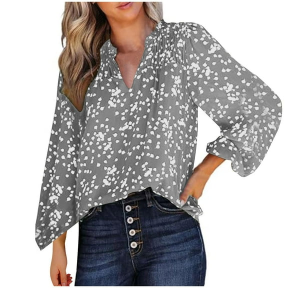 Perfectbot Womens Fashion Blouses Printed V Neck Ruched Tops Casual Puff Long Sleeve Loose Shirts