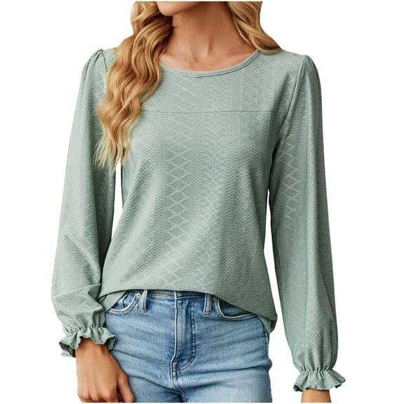 Perfectbot Womens Fashion Tops Ruffle Long Sleeves Round Neck Elegant Blouse Formal Bussiness Outfits Shirts