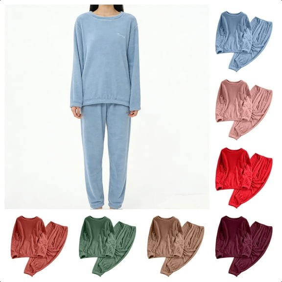 Perfectbot Womens Fleece Pajama Set Fluffy Fuzzy Crewneck Top and Jogger Thermal Fall Winter Loungewear