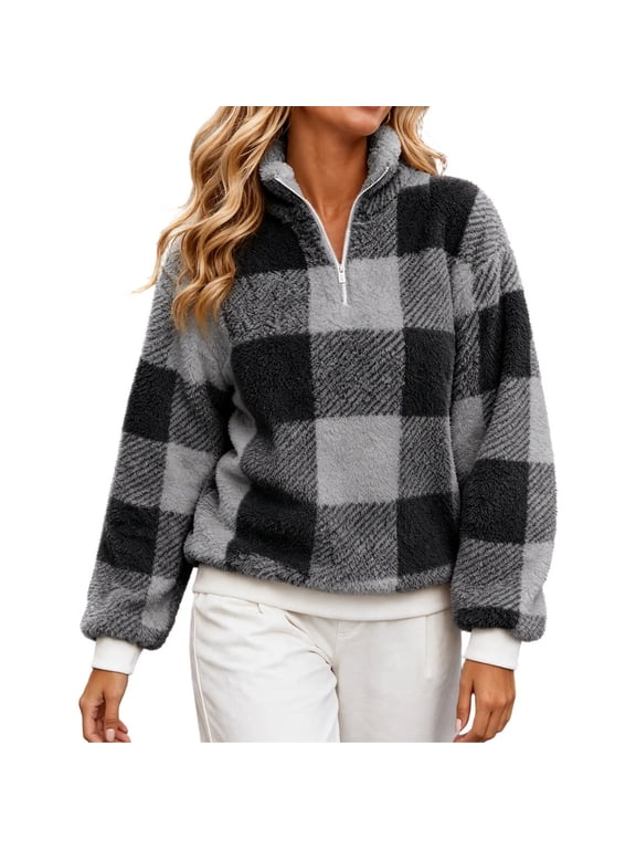 Womens Fleece Warm Pullover Top Quarter Zip Stand Collar Plaid Fuzzy Thermal Wear Loose Fit