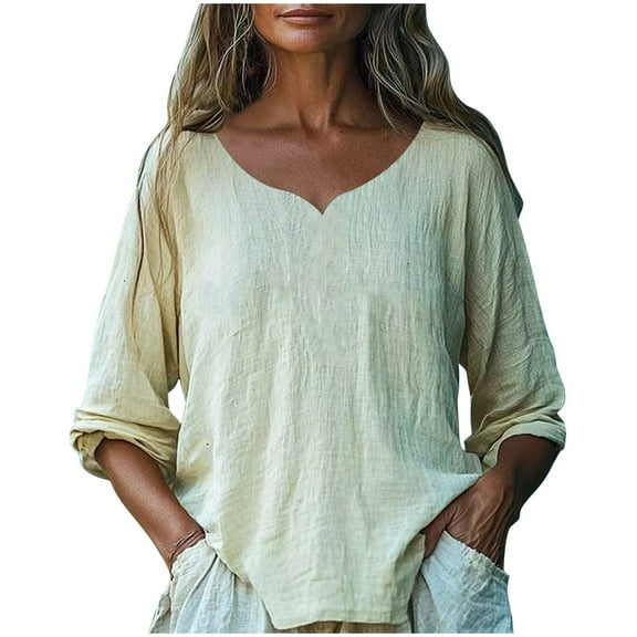 Perfectbot Womens Linen Shirts V Neck Lightweight Tunic Tops Casual 3/4 Sleeve Loose Fit Blouse