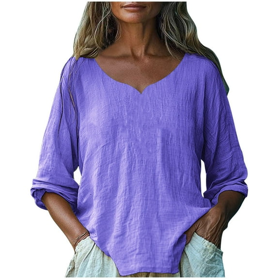 Perfectbot Womens Linen Shirts V Neck Lightweight Tunic Tops Casual 3/4 Sleeve Loose Fit Blouse