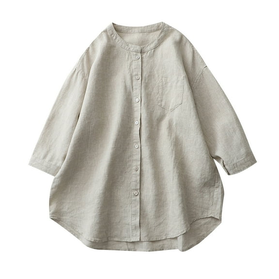 Perfectbot Womens Linen T Shirts Button Down Long Sleeves Curved Hem Tops Casual Tunic Loose Blouse