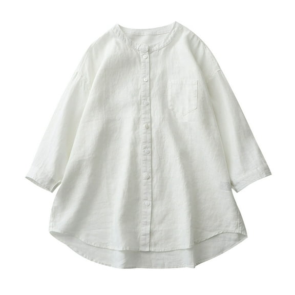 Perfectbot Womens Linen Blouse Button Down Long Sleeves Curved Hem Tops Casual Oversiezed Breathable T Shirts