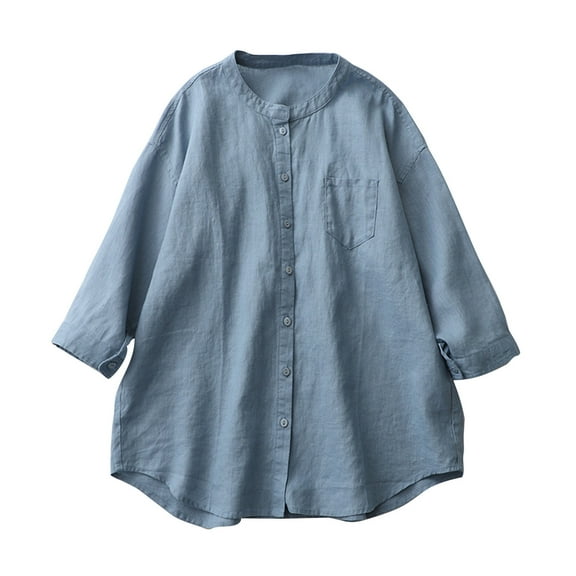 Perfectbot Womens Linen Blouse Button Down Long Sleeves Curved Hem Tops Casual Tunic Loose T Shirts