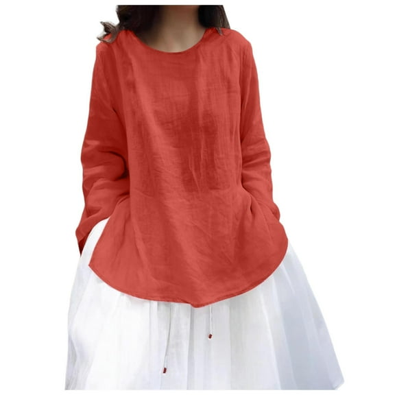 Perfectbot Womens Linen Tunic Tops Long Sleeves Crewneck Loose Fit Blouses Casual Fashion T Shirts