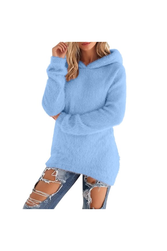 Womens Long Sleeve Hooded Sweater, Cozy Fleece Fuzzy Pullover, Loose Tunic for Winter Casual Wear