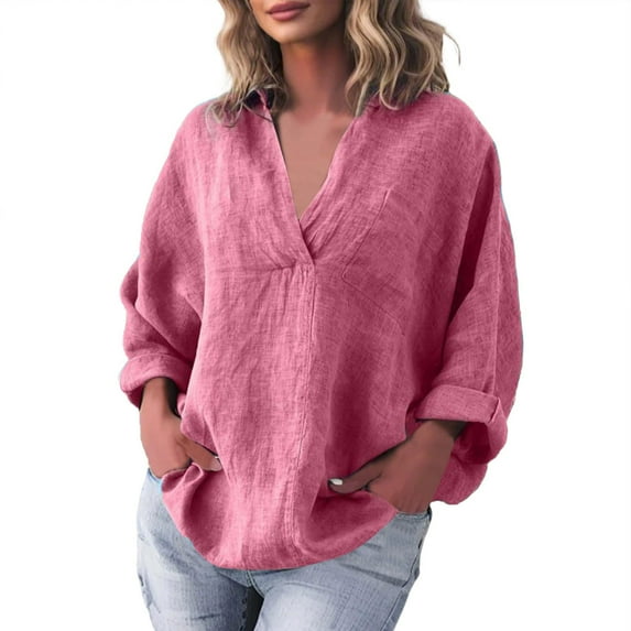 Perfectbot Womens Long Sleeves Tops Surplice Wrap V Neck Linen Blouse Loose Fit Going Out Shirt