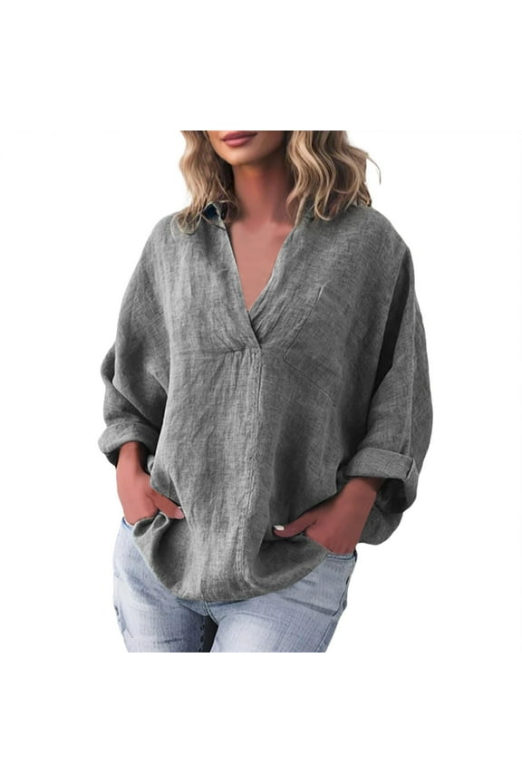 Womens Long Sleeves Tops Surplice Wrap V Neck Linen Blouse Loose Fit Going Out Shirt