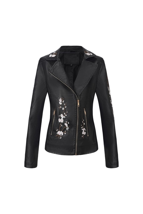Womens Moto Biker Jackets Faux Leather Coat Floral Embroidered Zip Up Fall Outerwear Winter Clothing