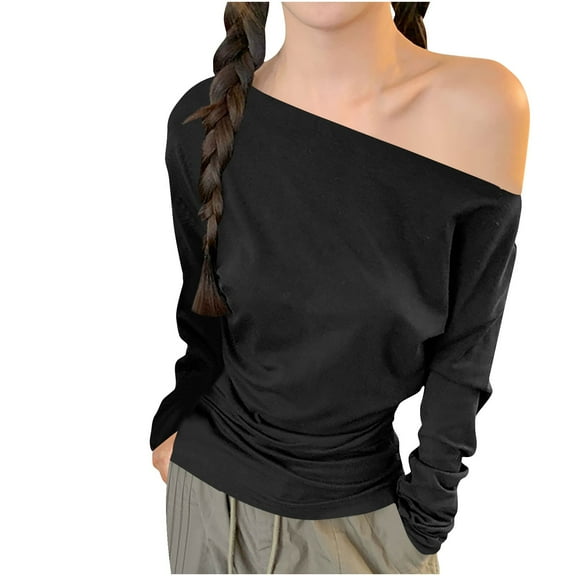 Perfectbot Womens Off Shoulder Tops Long Sleeves Asymmetric Hem Fashion Shirts Dressy Casual Blouse
