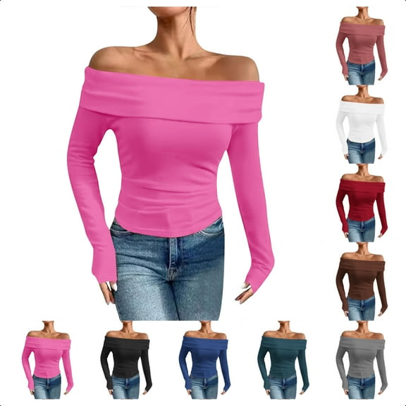 Perfectbot Womens Off Shoulder Tops Long Sleeves Sexy Slim Fit Shirts Casual Soft Gathered Blouse