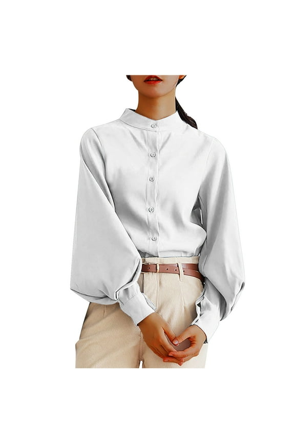 Womens Office Top Lantern Long Sleeves Button Down Mock Neck Shirt Bussiness Work Blouse