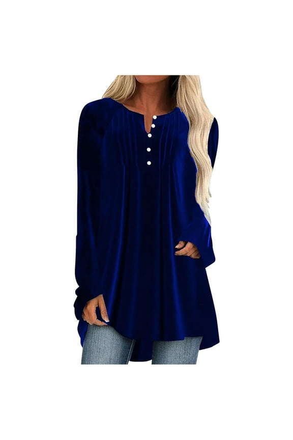 Womens Oversized Blouse Button Decor Long Sleeves Tunic Tops V Neck Pleated Flowy Shirts