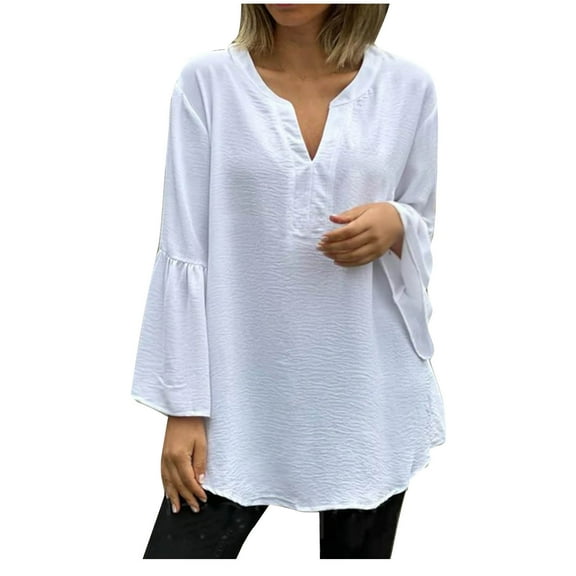 Perfectbot Womens Oversized Shirts Cotton Linen Bell Sleeve Tunic Tops V Neck Loose Fit Casual Blouse