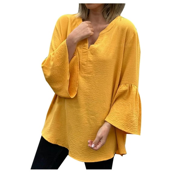 Perfectbot Womens Oversized Shirts Cotton Linen Bell Sleeve Tunic Tops V Neck Loose Fit Casual Blouse