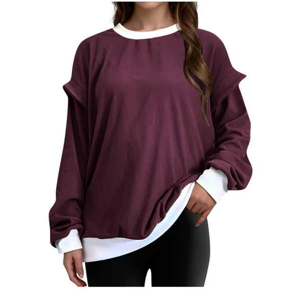 Perfectbot Womens Oversized Sweatshirts Long Sleeves Crewneck Casual Tops Color Block Slouchy Blouse