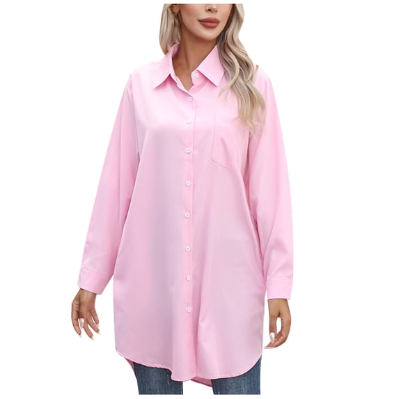 Perfectbot Womens Oversized T Shirts Button Down Collared Long Sleeve Tops Baggy Casual Fall Blouse