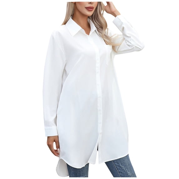 Perfectbot Womens Oversized T Shirts Button Down Collared Long Sleeve Tops Baggy Casual Fall Blouse