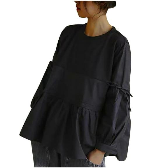 Perfectbot Womens Oversized T Shirts Lantern Long Sleeves Crewneck Bow Tie Tops Badydoll Peplum Blouse