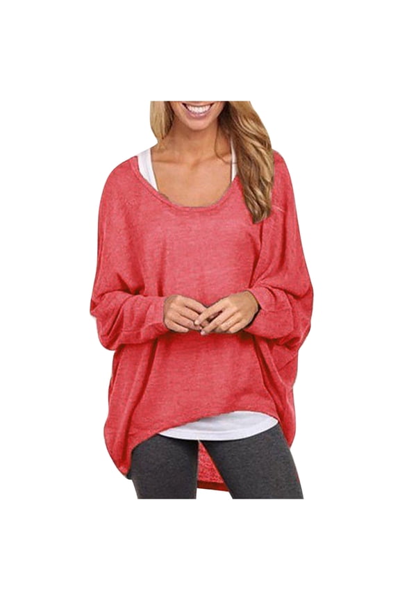 Womens Oversized Tops Round Neck Long Sleeves Solid Baggy Shirt Pullover Slouchy Blouse