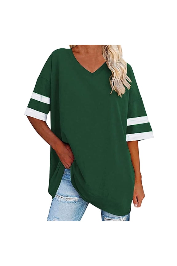 Womens Oversized Tshirts Summer Fall V Neck Elbow Sleeve Blouses Loose Basic Tops Tees Black,S-XXL