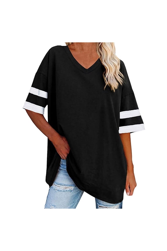 Womens Oversized Tshirts Summer Fall V Neck Elbow Sleeve Blouses Loose Basic Tops Tees Black,S-XXL