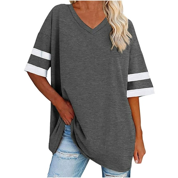 Perfectbot Womens Oversized Tshirts Summer V Neck Half Sleeve Blouses Solid Loose Basic Tops Tees Dark Gray,S-XXL