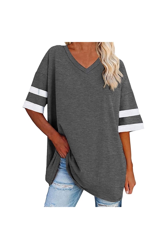 Womens Oversized Tshirts Summer V Neck Half Sleeve Blouses Solid Loose Basic Tops Tees Dark Gray,S-XXL