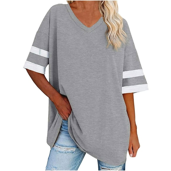 Perfectbot Womens V Neck Half Sleeve Tshirts Fall Solid Oversized Blouses Loose Basic Tops Tees Gray,S-XXL