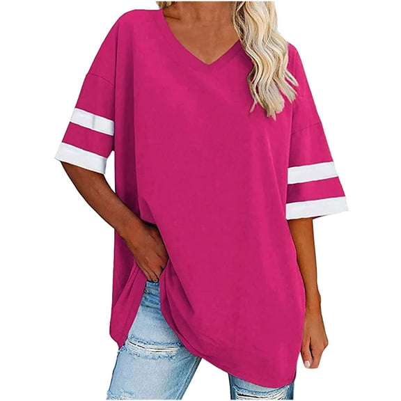 Perfectbot Womens V Neck Elbow Sleeve Tshirts Oversized Tunic Blouses Solid Basic Tops Tees Hot Pink,S-XXL