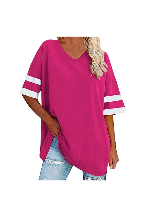 Womens V Neck Elbow Sleeve Tshirts Oversized Tunic Blouses Solid Basic Tops Tees Hot Pink,S-XXL