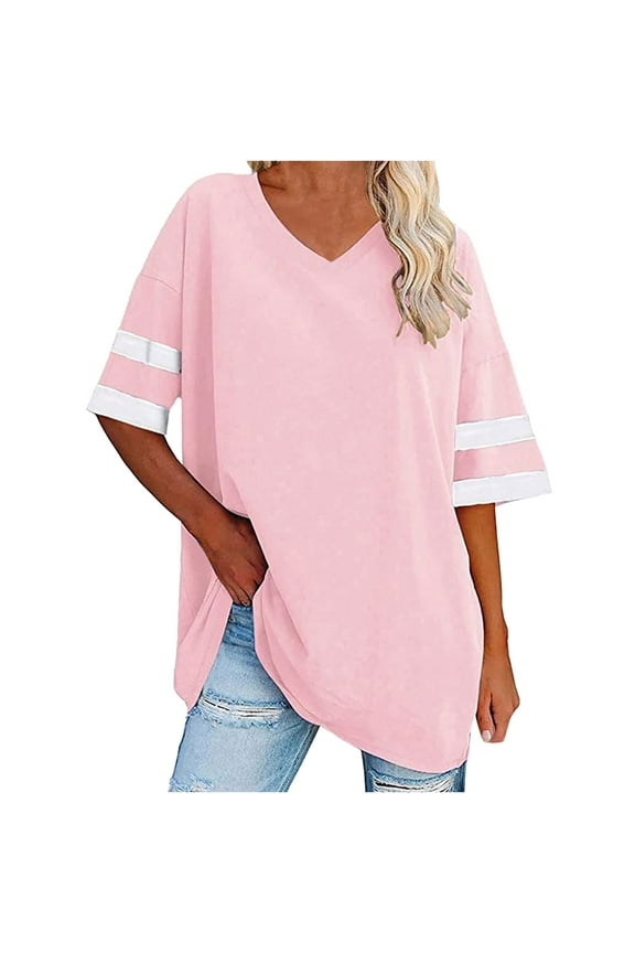Womens Summer Fall Tops Oversized V Neck Elbow Sleeve Tshirts Solid Loose Basic Tees Shirts Pink,S-XXL