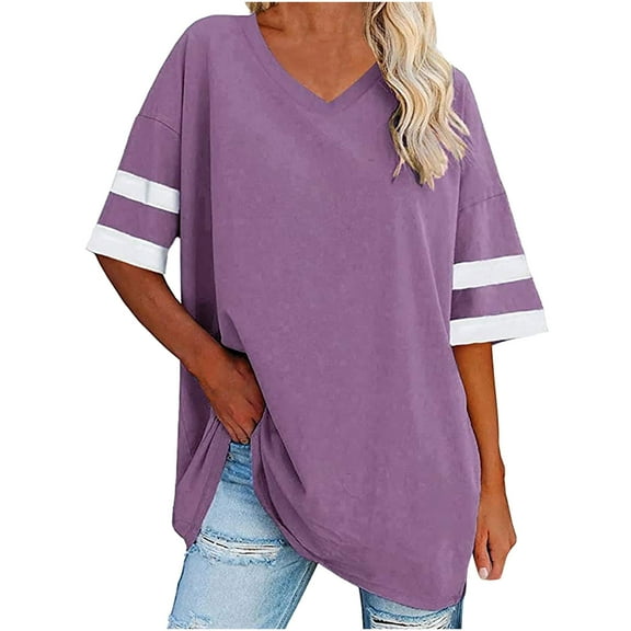 Perfectbot Womens Oversized Tshirts Summer V Neck Elbow Sleeve Blouses Solid Loose Basic Tops Tees Purple,S-XXL
