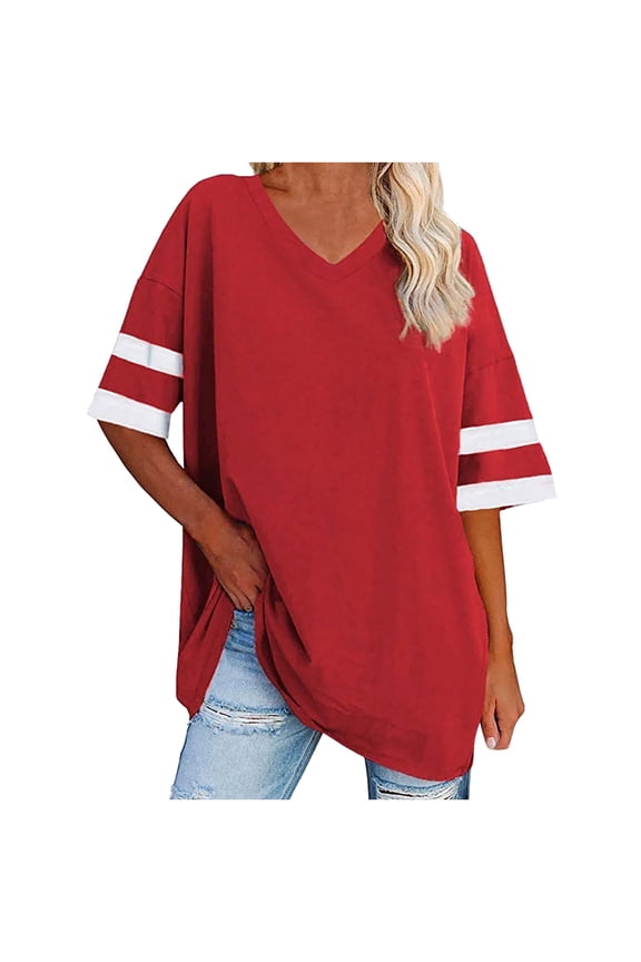 Womens Oversized Tshirts Summer V Neck Elbow Sleeve Blouses Solid Loose Basic Tops Tees Red,S-XXL