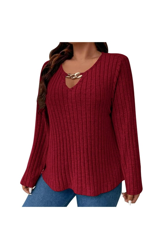 Womens Plus Size Sweaters Ribbed Knit Sexy Keyhole V Neck Tops Fall Winter Tunic Loose Shirt