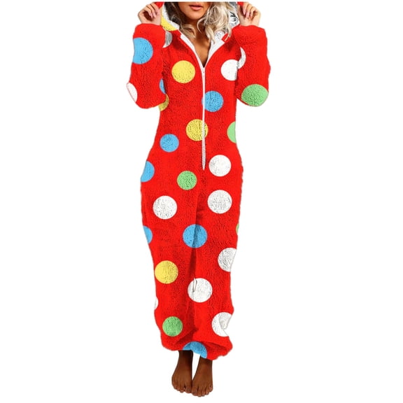 Perfectbot Womens Polka Dot Pajamas Jumpsuit - Hooded Zipper One-Piece Sleepwear with Pockets