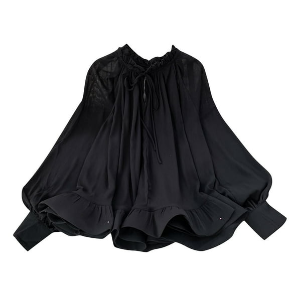 Perfectbot Womens Puff Long Sleeve Blouse Drawstring Crew Neck Ruffled Tops Cute Elegant Loose Shirt