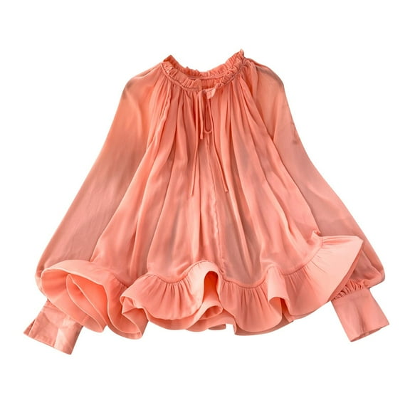 Perfectbot Womens Puff Long Sleeve Blouse Drawstring Crew Neck Ruffled Tops Cute Elegant Loose Shirt