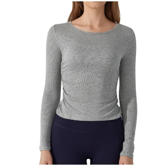Perfectbot Womens Ribbed Shirts Long Sleeve Crewneck Slim Fit Tops Workout Yoga Basic Blouse
