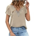 thumbnail image 1 of Perfectbot Womens Ruffle Short Sleeve Shirts Hollow Out Lace V Neck Tops Loose Fitted Casual Blouse, 1 of 4