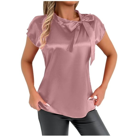 Perfectbot Womens Satin Tops Bow Front Short Sleeves Flowy Blouse Office Bussiness Shirts