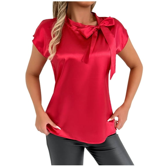 Perfectbot Womens Satin Tops Bow Front Short Sleeves Flowy Blouse Office Bussiness Shirts