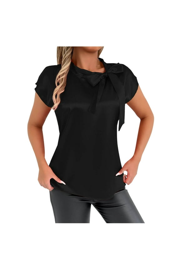 Womens Satin Tops Bow Front Short Sleeves Flowy Blouse Office Bussiness Shirts