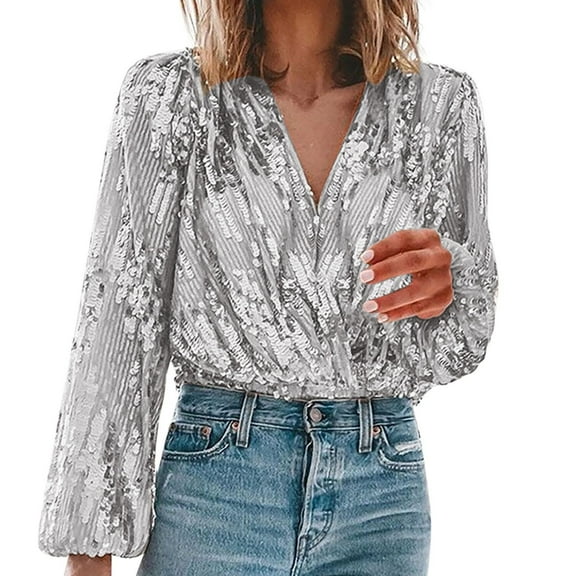Perfectbot Womens Sequin T Shirt Long Sleeves V Neck Sparkly Tops Evening Party Holiday Club Night Blouse