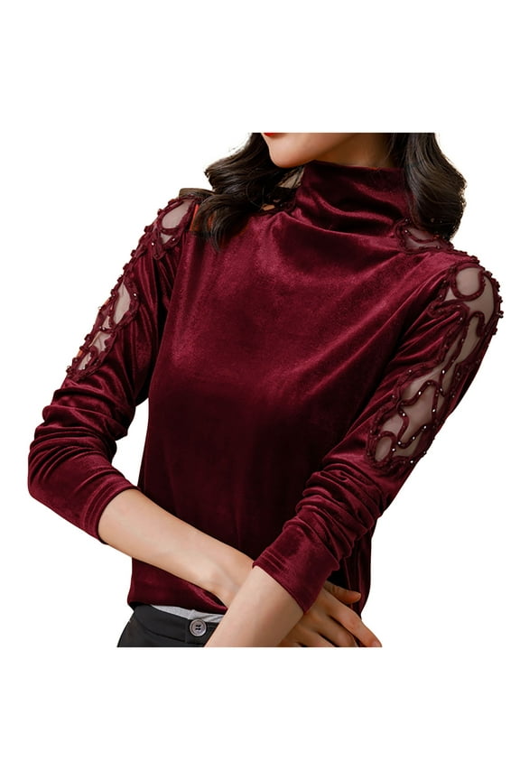 Womens Shirts Eyelet Long Sleeves Turtleneck Velvet Tops Dressy Fall Elegant Blouse