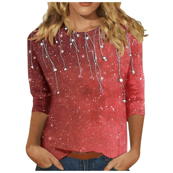 Perfectbot Womens Shirts Round Neck Printed 3/4 Sleeves Tops Casual Pullover Blouse
