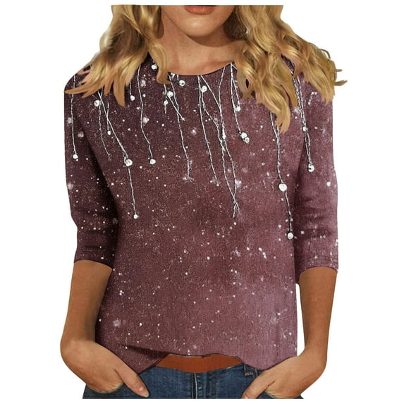 Perfectbot Womens Shirts Round Neck Printed 3/4 Sleeves Tops Casual Pullover Blouse