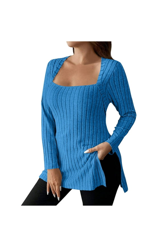 Womens Shirts Square Neck Long Sleeve Side Split Tops Fall Ribbed Knit Tunic Blouse