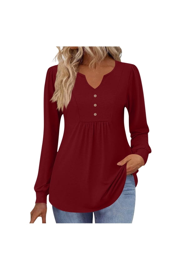 Womens Shirts V Neck Button Decor Ruched Tops Peplum Tunic Fall Fashion Blouse